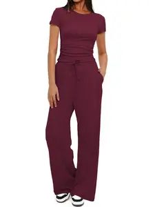 2026 New Women's 2-Piece Summer, Ruched Short Sleeve Top & Drawstring Wide Leg Pants, Lightweight Casual Loungewear for Beach, Vacation & Travel