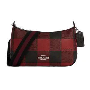 Coach Jes 25 Plaid Snap Closure Canvas Leather Crossbody Bag Medium Women's Black Red