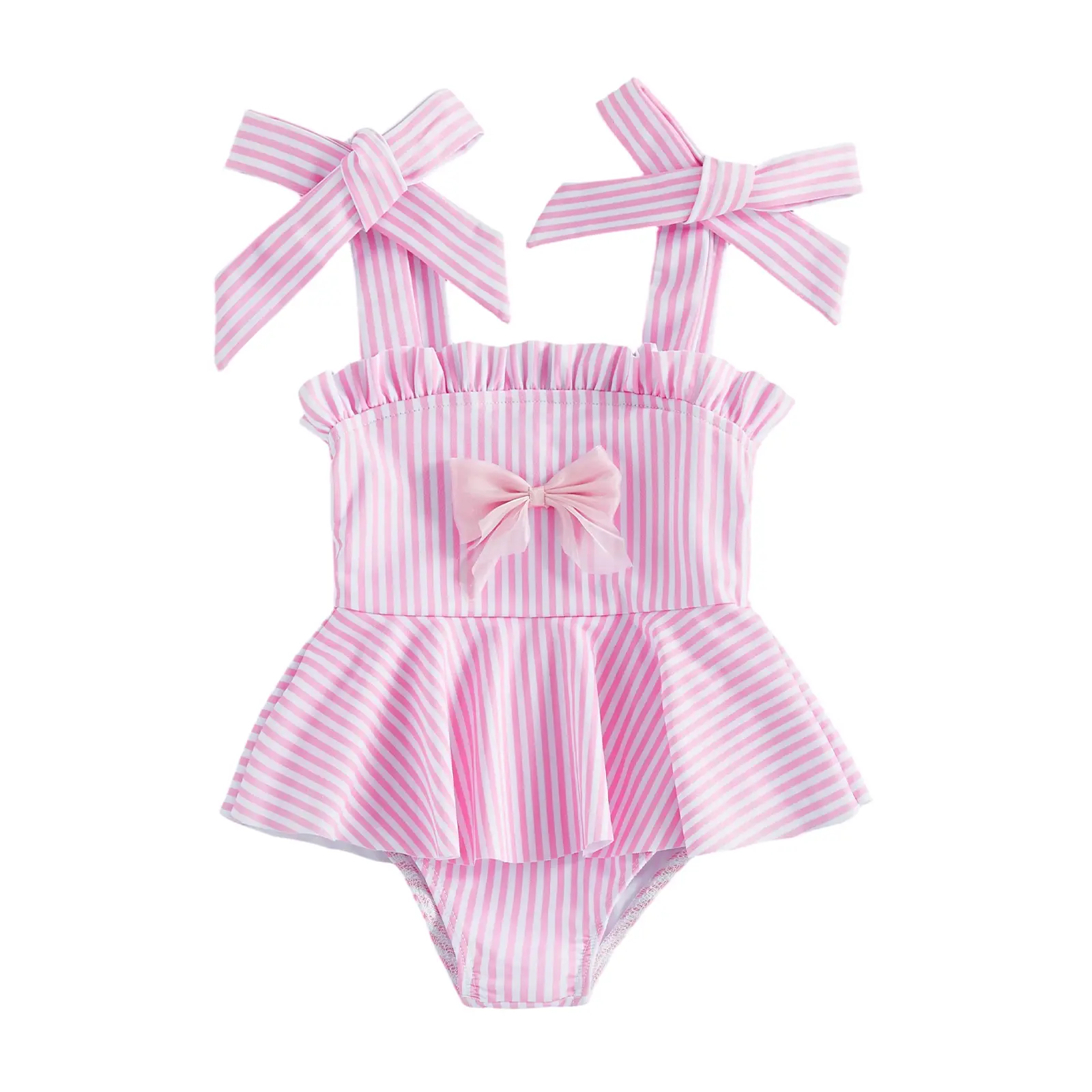 Meihuida Infant Toddler Baby Girls Swimsuit Cute Bow Stripes Print Sleeveless Tie Shoulder Bathing Suit Swimwear