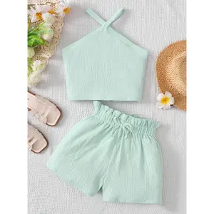 Tomattis Tween Girls' Knitted Solid Halter Top With Wide-Leg Shorts Two-Piece Set