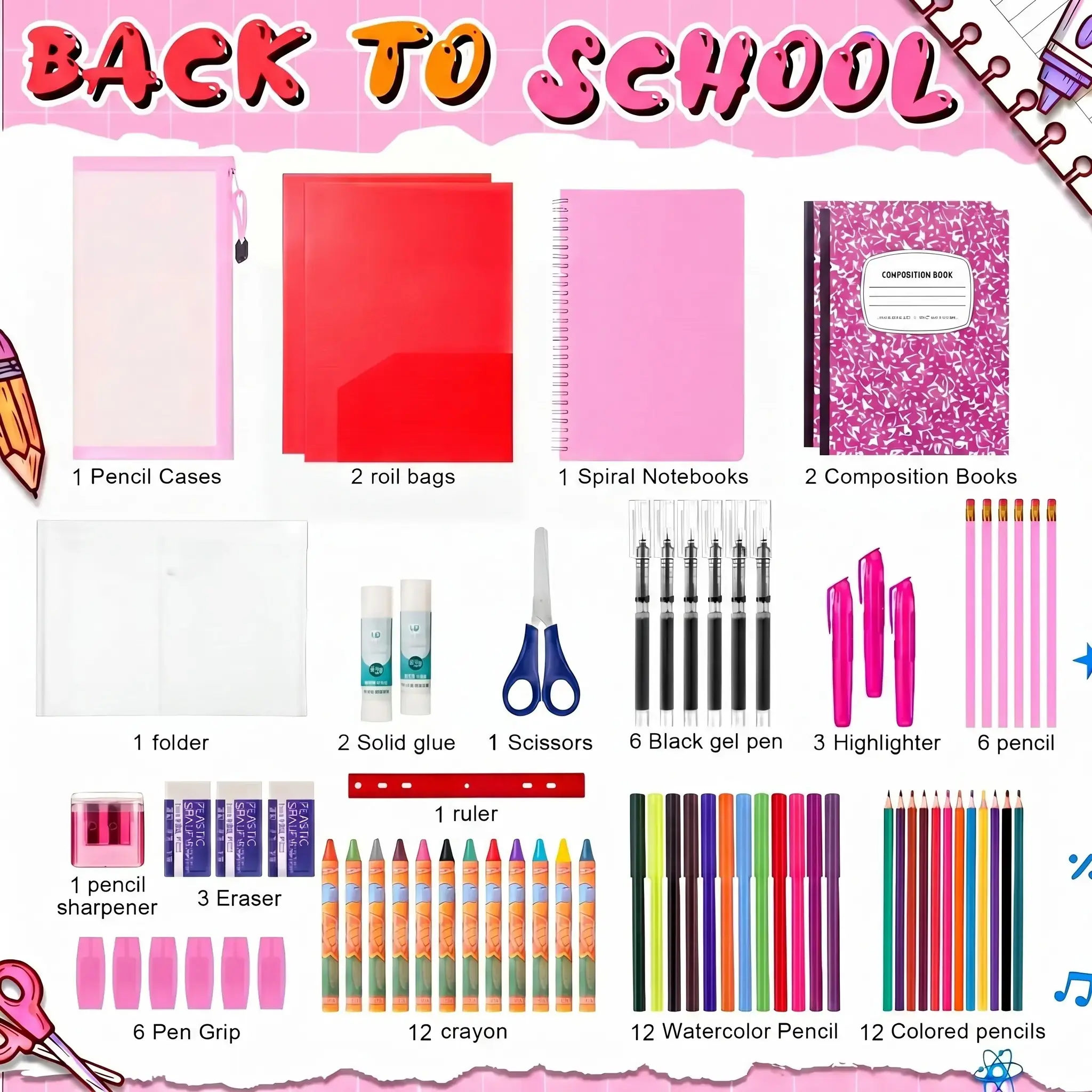 34/39 Pcs Grades K-5 Back to School Supplies Kit, School Essentials Bundle for Student Include Pencils Notebook Highlighter and More, Preparing for Back to School,Back to School Shopping