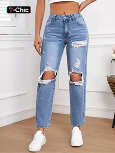 Women's Plain Button Pocket Ripped High Rise Jeans, Fashion Casual High Waist Distressed Denim Pants for Spring Summer Fall, Women's Bottoms for Daily Wear