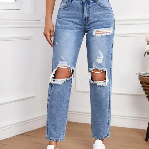 Women's Plain Button Pocket High Waisted Ripped High Rise Jeans, Fashion Casual High Waist Distressed Denim Pants for Spring Summer Fall, Women's Bottoms for Daily Wear