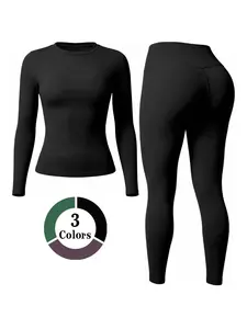 Women's Minimalist Fashion Yoga Long Sleeve Sports Wear Set, Sporty High Stretch Tight-Fitting Top + Butt Lifting Bottoms, Outdoor Running Gym Clothes, High Stretch Activewear