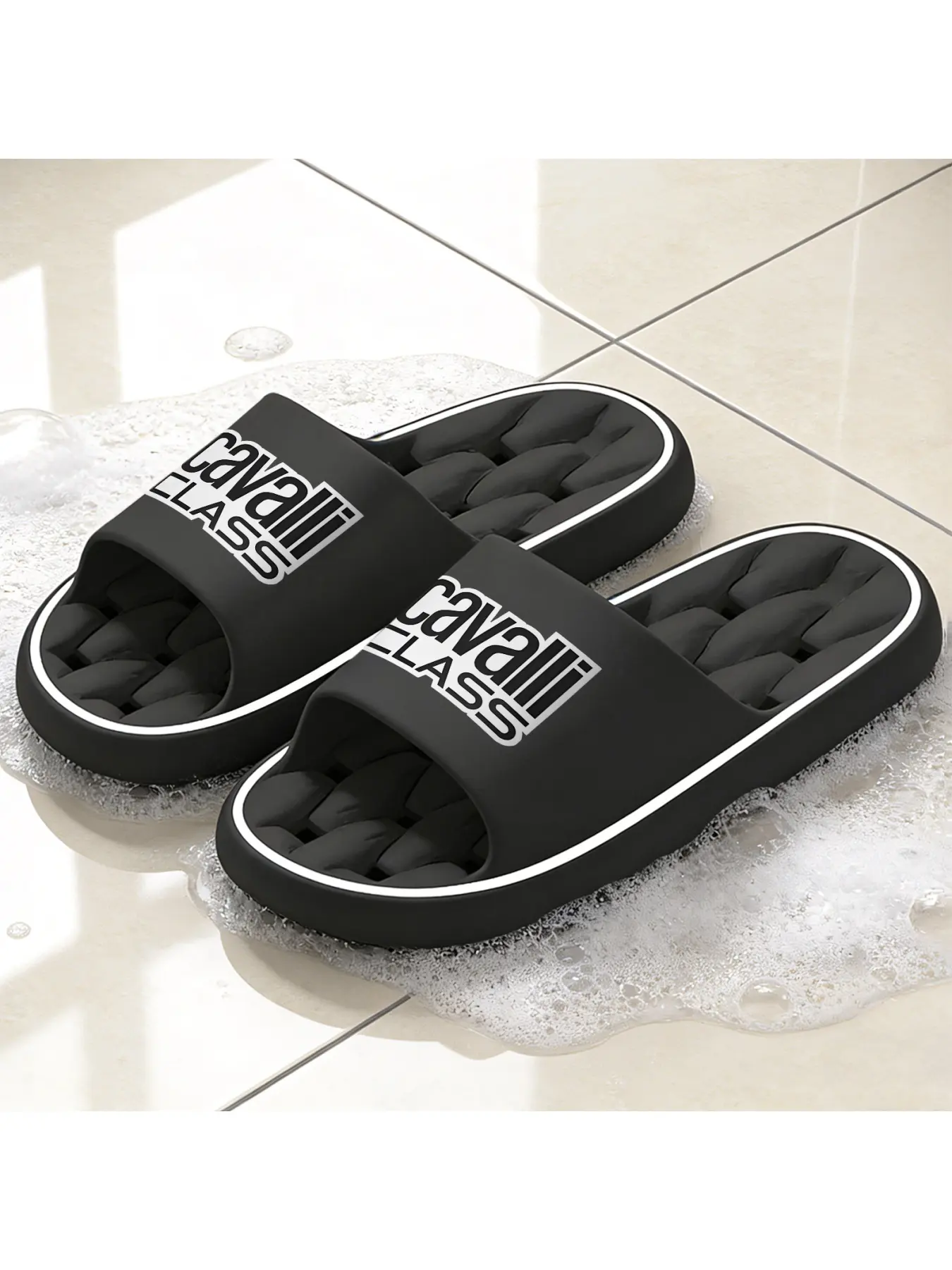 Cavalli CLASS Logo Print Hollow-Out Sole Slippers, Comfortable Breathable Soft-Soled Slides, Versatile Slippers for Daily Indoor and Outdoor Wear, Lightweight Shock-Absorbing Non-Slip Beach Shoes, U