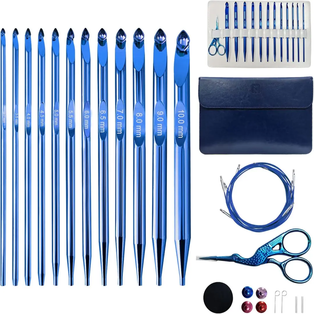 Tunisian Crochet Hooks Set - 26pcs Interchangeable Metal Afghan Knitting Needles Kit with Case, 3mm-10mm Sizes, Long Cable, Ergonomic Grips, Blue