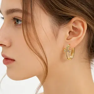 Women's Cross Ring Earrings, 14K Gold Plated Zircon Religious Cross Earrings, French Retro Hypoallergenic Circle Dangle Earrings