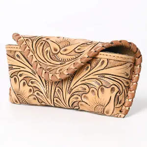 American Darling Western Sunglass Case Hand Tooled Floral Carved Genuine Leather 3in (H) X 6.5in (W) X 1in (D)