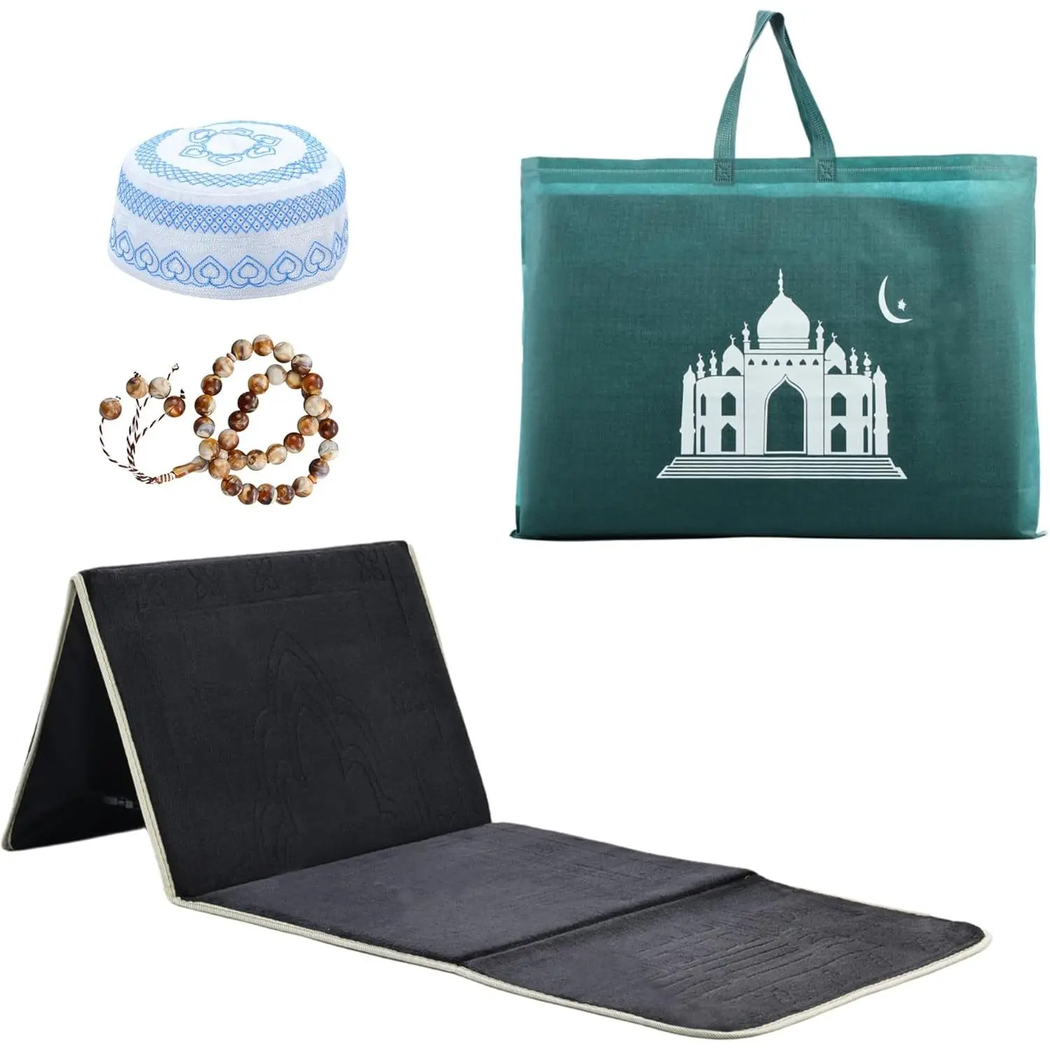Foldable Thick Padded Muslim Prayer Mat with Rest Support, Portable Islamic Janamaz Sajadah for Female, Travel Carpet with Hat & 33 Beads, Ideal for Meditation, Ramadan, Eid, Birthday, Anniversary, Valentine’s Day, Father’s Day