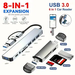 RAMMIND 6-In-1,8-In-1USB Adapter with USB-C Port, TF/SD Card Reader, 3.5mm Audio Output, Portable Data Transfer & Expansion, High Speed USB