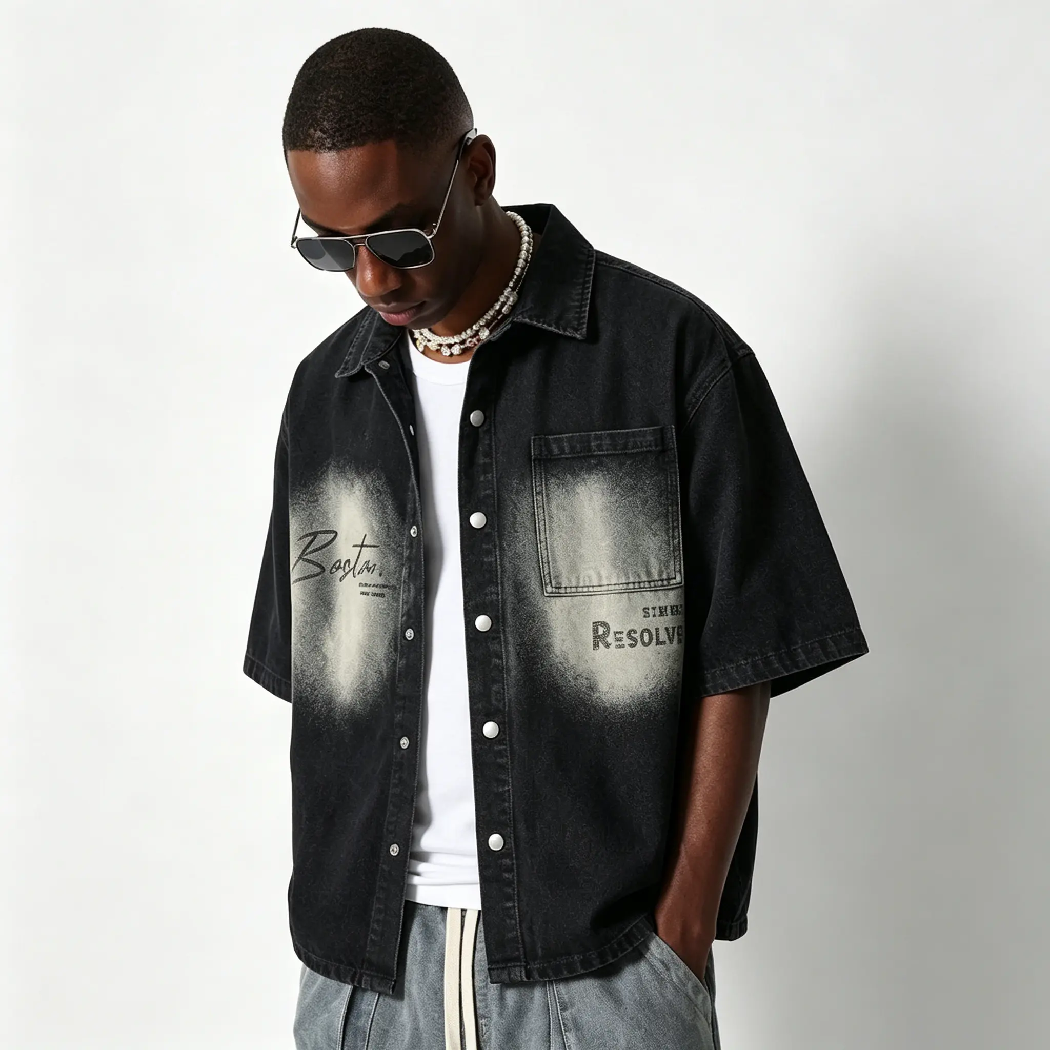 Black gradient faded cropped denim short-sleeve shirt with point collar, button closure, chest pocket, vintage cursive print, boxy loose fit, grunge street style, unisex, breathable summer denim overshirt