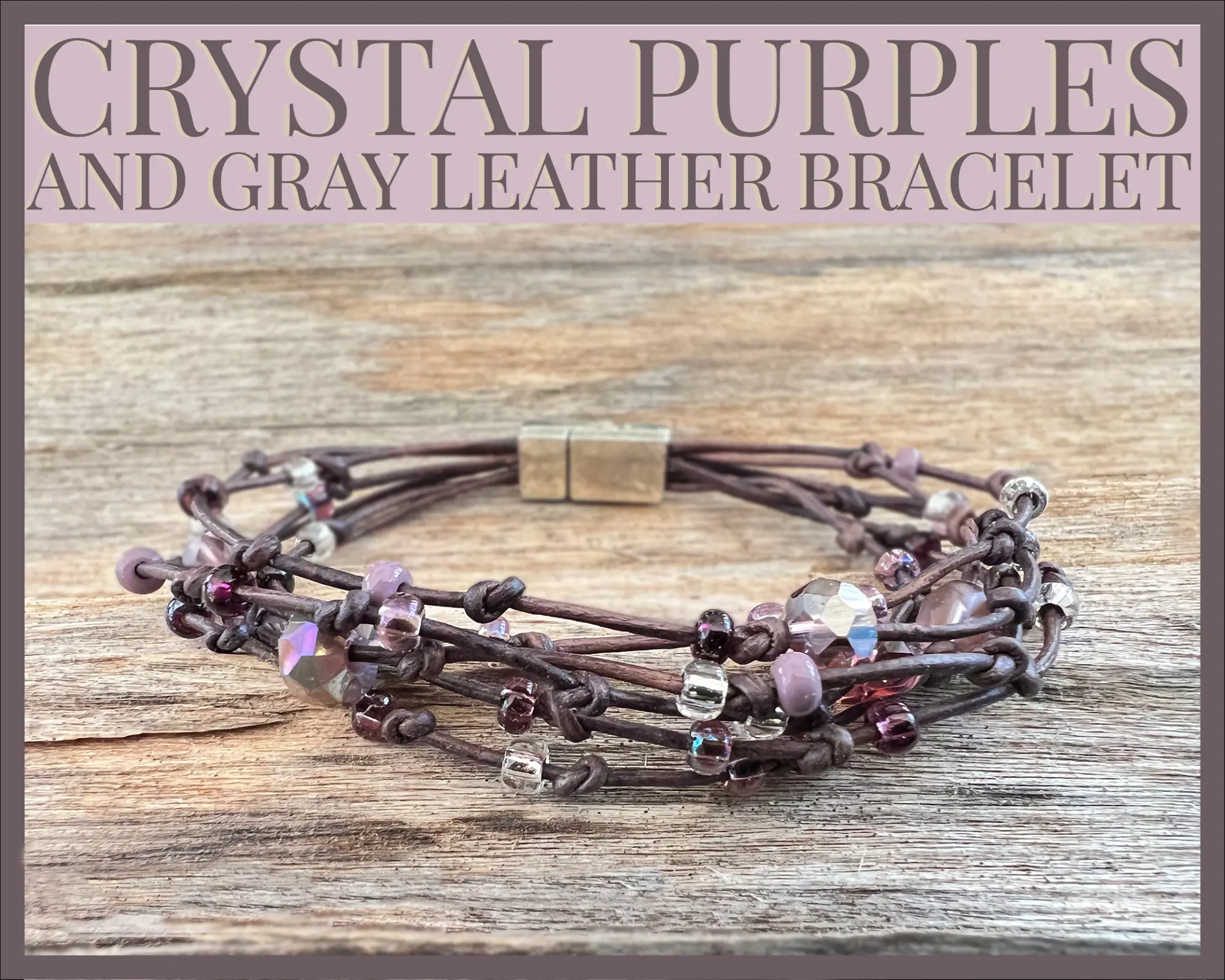 Gray Leather Bracelet | Purple Bead Bracelet | Leather Jewelry for Her | Knotted Leather Bracelet