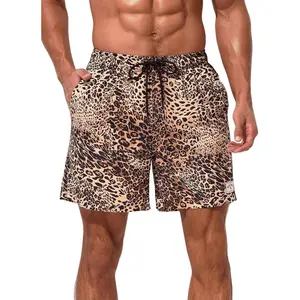 Men's Leopard Swim Trunks Drawstring Waist Swimwear Summer Beach Shorts with Pockets