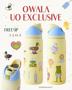 Owala 32oz Duck Frog Pattern Insulated Water Bottle Leakproof FreeSip Lid Portable Cold Keep Travel Daily Drink Tumbler for School Commute Outdoor Drinkware Flasks Bottled Mug