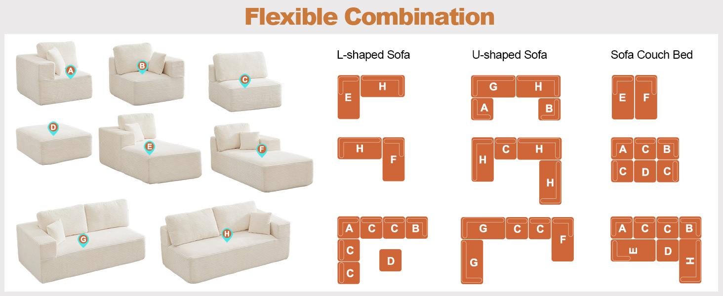Modular Sectional Cloud Couch for Living Room,Modern Boneless Couche Set with Plush Corduroy,Comfy Floor Sofa with Memory Foam,Stupendous U Shaped Sofa with Chaise,No Assembly Required、shaped sofa