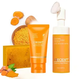 Veecent Turmeric Cleansing Three-Piece Set - Foaming Facial Cleanser, Turmeric Soap, Moisturizing Peel-Off Mask for Hydrated Skin Care Routine