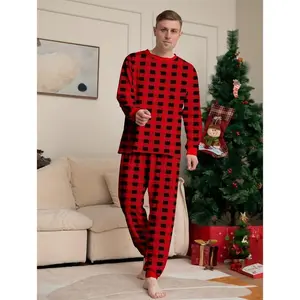 Men's Cozy Christmas Plaid Pajama Set - Casual Long Sleeve Crew Neck Top & Matching Pants, Machine Washable Polyester Blend, Perfect for Holiday Lounging, Plus Size Christmas Pajamas