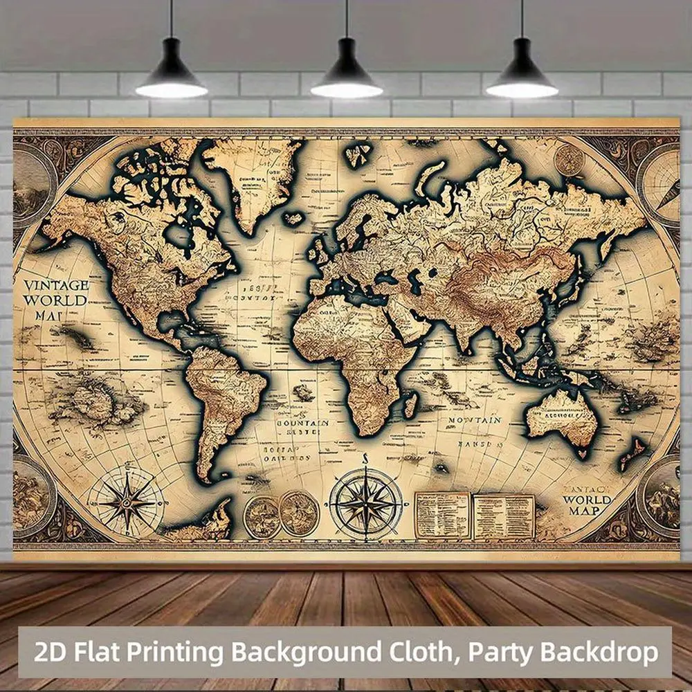 1pc Vintage 2D Flat Printing Polyester Wall Print - 1-Piece Decorative Textile Artwork with World Map, Compass, Mountain Illustrations, No Electricity Needed, Ideal for Room Decor & Office Textile Wall Decor, One-Piece