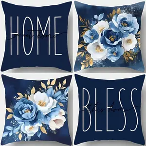4pcs, Blue Theme Throw Pillow Covers, Modern Floral Blue and White Flower Print, Home Blessing & Home Design, Home Décor Products, Cushion Cover Decoration for Couch Sofa, Room Decor and Bedroom Decor, Single Sided Printing, No Pillow Core