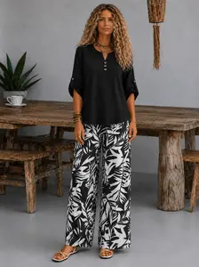 Women's 2-Piece Fashion Matching Set - Casual Leaf Print Long Sleeve Button-Up Top, High Waist Wide-Leg Below the Ankle Pants, Vacation Lady 2-Piece Set for Women, Oversize Loose Womenswear Suits Gamis Trouser