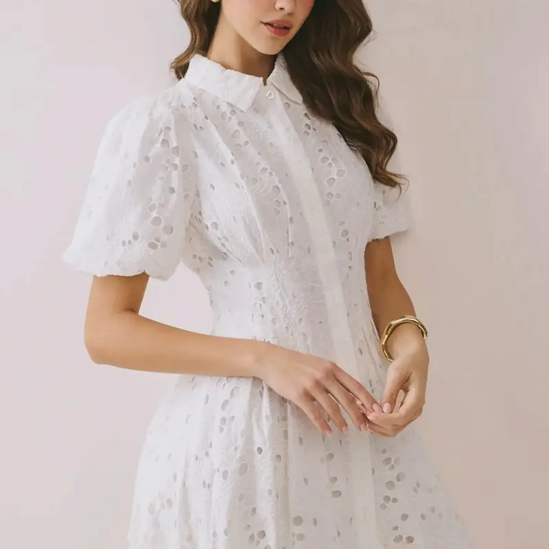 Eyelet Collared Neck Hidden Front  Button Dress