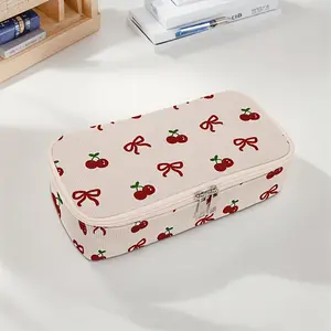 Creative Cherry Bow Print Large Capacity Pencil Case, Pencil Holder, Durable Multi-Functional Storage Bag, Portable Zipper Box for School Office Supplies