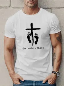 Geometric Cross Graphic T Shirt Faith Inspired Footprint Print Casual Streetwear Aesthetic Soft Breathable Slight Stretch Knit Short Sleeve Crew Neck Summer Daily Wear Regular Fit Spiritual Outfit Inspirational Gift Comfortable Apparel Top