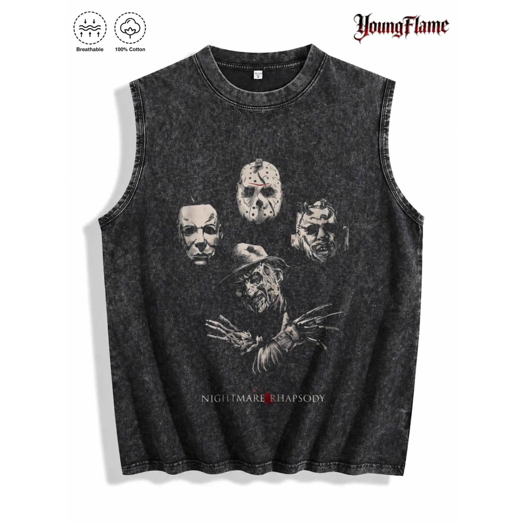 Nightmare Horror Faces Sleeveless T Shirt for Men, Washed Black Graphic Tee, Gothic Streetwear, Y2K Clothing, Summer Clothing, Fathers Day Gift Ideas short-sleeved t-shirt