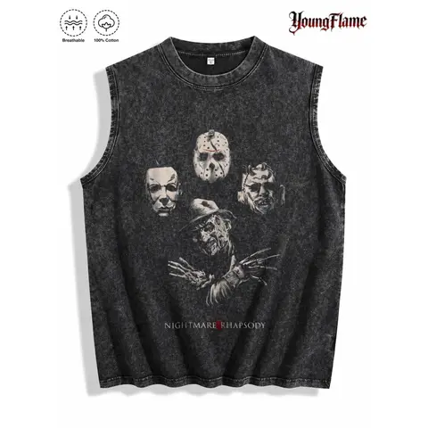 Nightmare Horror Faces Sleeveless T Shirt for Men, Washed Black Graphic Tee, Gothic Streetwear, Y2K Clothing, Summer Clothing, Fathers Day Gift Ideas short-sleeved t-shirt