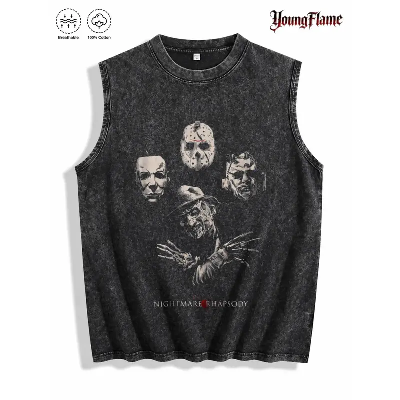 Nightmare Horror Faces Sleeveless T Shirt for Men, Washed Black Graphic Tee, Gothic Streetwear, Y2K Clothing, Summer Clothing, Fathers Day Gift Ideas short-sleeved t-shirt