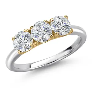 Gem Stone King 10K Two Tone Gold Lab Grown Diamond 3-Stone Engagement Ring For Women | 1.50 Cttw | Round 5MM | Gemstone April Birthstone | DEF Color | VVS-VS Clarity