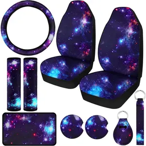 10 Pcs Galaxy Car Seat Covers Set Steering Wheel Front Seat Cover Cup Holder Keyring Belt Pads Wrist Strap Print Car Decor Accessories for Vehicle