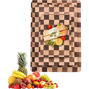 Wood Cutting Board Set for, 3-Piece Set Checkered Chopping Board with Juice& Handles Large Thick Wooden Board for Meat Vegetables Fruit Gift for the Home