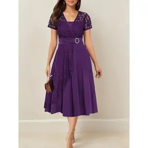 Elegance Purple V-Neck Midi Dress, Contrast Lace Detail, Asymmetrical Hem and Belt - Women's Short Sleeve Polyester Blend, Perfect for Parties and Formal Events Womenswear Workwear Basic Black Chic Elegant Minimalist Shortsleeve