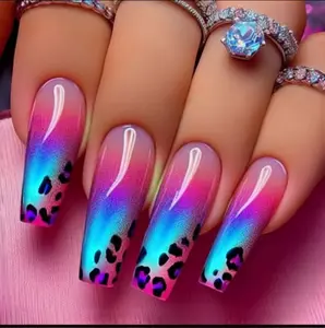 Drag Queen 24pcs Set of Short Medium Long Fake Nails with Colorful Gradient Y2K Sunset Design, Glossy Finish, Square Shape, Acrylic & Sheet Material