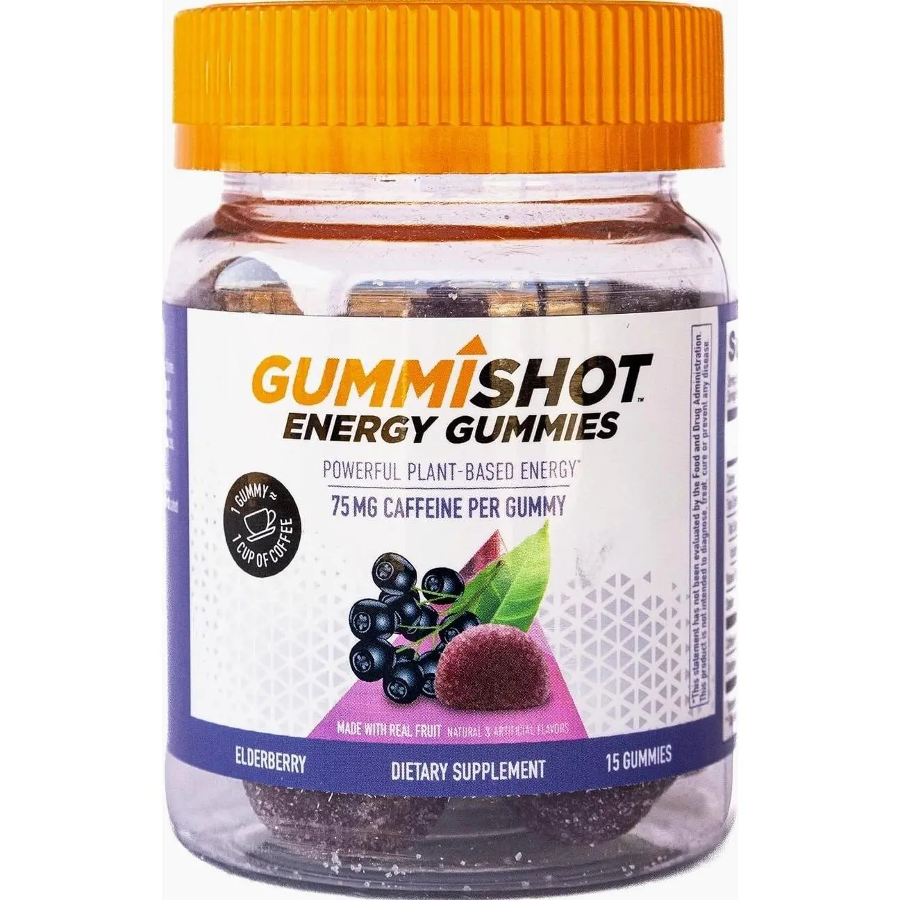 GummiShot Energy Gummies, 1125 mg of Plant-Based Caffeine Chews per Bottle, Long Lasting Energy Boosters, Elderberry (15ct)