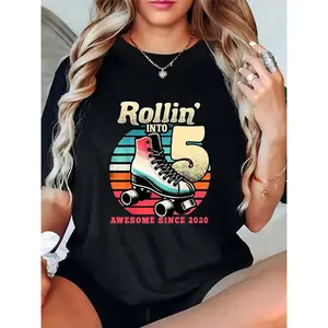 Women's Black T-Shirt with Vintage Roller Skate, Retro Sunset & "Rollin' into 5 Awesome Since 2020" Print | Ideal for 5th Birthday Celebrations, Casual Daily Wear 100% Cotton T-shirt