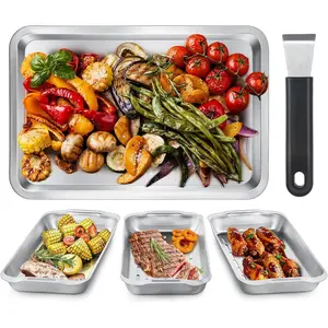 Grill Basket Set, 3- Stainless Steel Grill Topper Pans for Outdoor Grill with BBQ Prep Tray, Grilling Baskets Barbecue Accessories for Vegetables, Fish, Meat, and Seafood