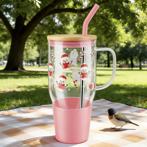 40oz Durable Transparent Glug Glass Tumbler with Handle - Reusable Cup, Washable, Portable, Stylish, with Lid + Straw, for Iced Coffee, Beach Casual Drink Use, Kitchenware Drinkware Graphic Accessory