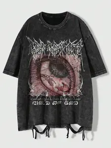 Y2K Grunge Child of God T-Shirt, Vintage Washed Eye Print Graphics Loose Fit Top, Sporty Rock Band Shirt for Streetwear Style