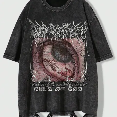 Y2K Grunge Child of God T-Shirt, Vintage Washed Eye Print Graphics Loose Fit Casual Top, Sporty Rock Band Shirt for Streetwear Style Vibe Round Neck, Casual Print Tee