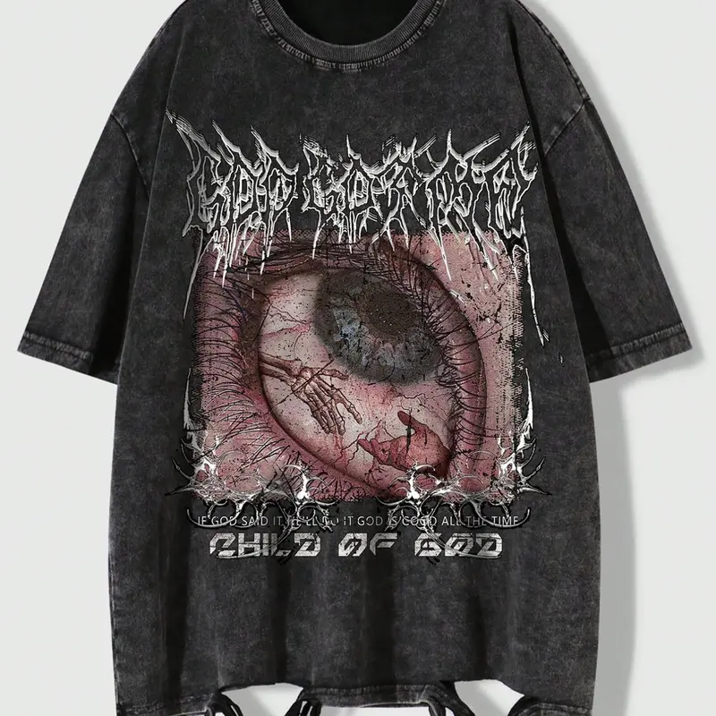 Y2K Grunge Child of God T-Shirt, Vintage Washed Eye Print Graphics Loose Fit Casual Top, Sporty Rock Band Shirt for Streetwear Style Vibe Round Neck, Casual Print Tee