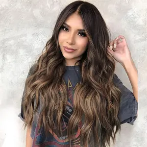 Ombre Brown Long Wigs for Women Wavy Wig Middle Part Curly Wigs Natural Looking Hair Replacement Wigs for Party Daily Use