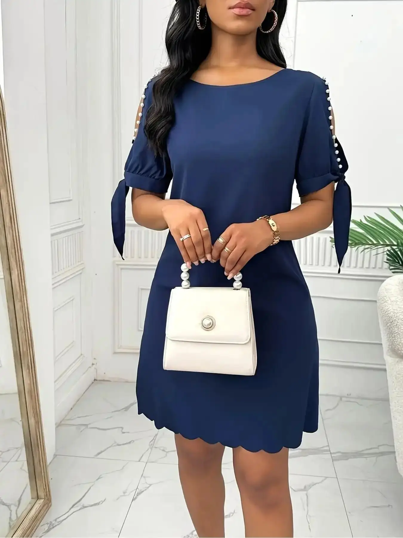 Navy Pearl Embellished Cold Shoulder Dress| Tie Cuff Scalloped Hem Elegant Chic Short Sleeve Dress for Women Daily Date Blazer Casual Top Weekend Outfit All Season Mini Skirt Crew Neck Stretchy Modern Design Holiday Wear