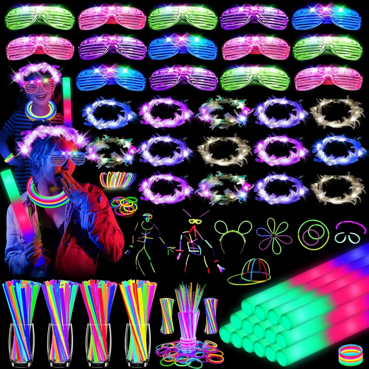 142 pcs glow in the dark party supplies 14pcs foam glow sticks 14pcs light up headband14pcs led glasses and 100pcs glow sticks braceletsfor glow party new year wedding concert birthday