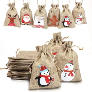LOKIPA Christmas Jute Burlap Bags, Xmas Jute Linen Burlap Drawstring Gift Treat Candy Bag for Xmas Favors (12)