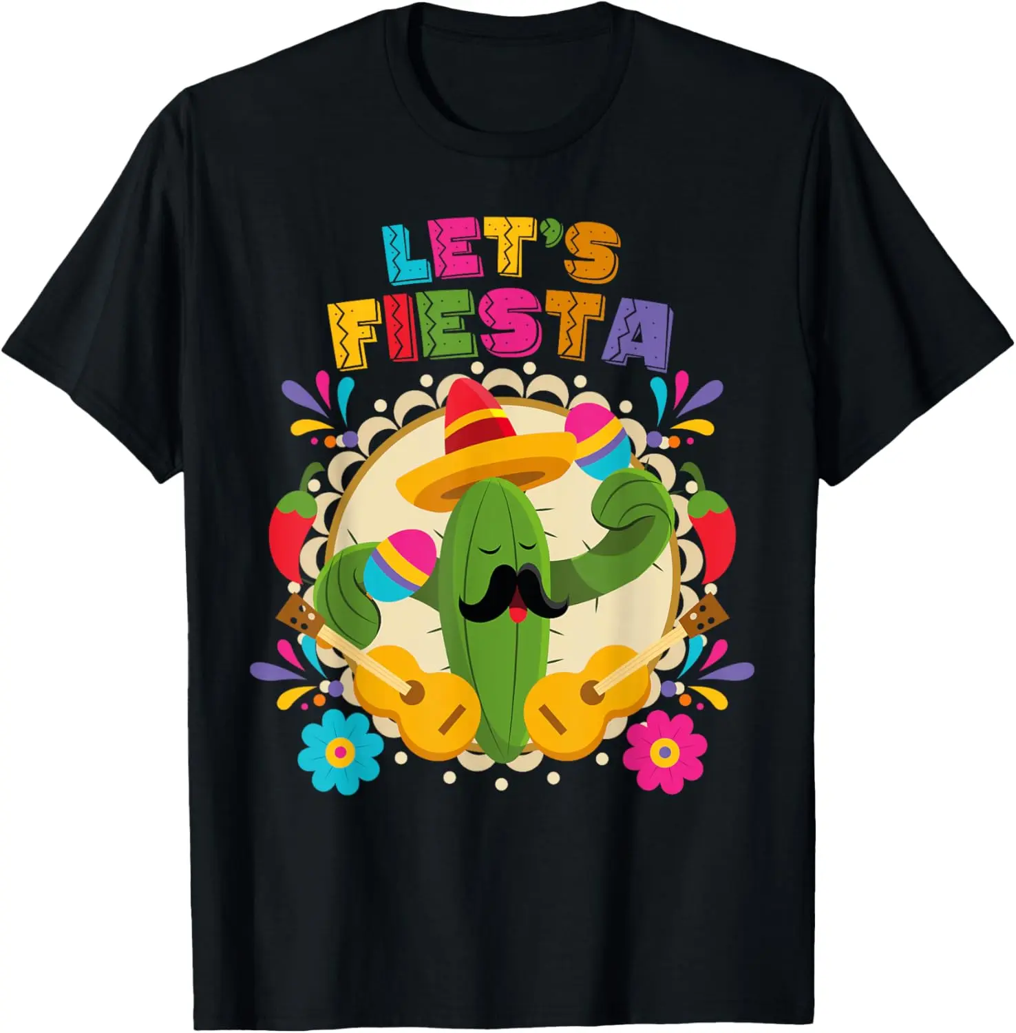 100% Cotton Lets Fiesta Cinco De Mayo with Guitar Cactus Sombrero Maraca T-Shirt