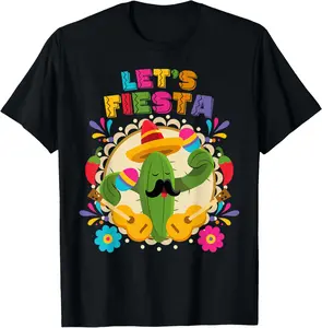 100% Cotton Lets Fiesta Cinco De Mayo with Guitar Cactus Sombrero Maraca T-Shirt