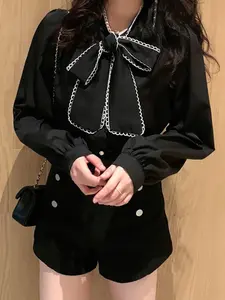 French Stylish Bow Tie Shirt with Unique Design, Elegant Quality Top for Women, Chic for Special Occasions