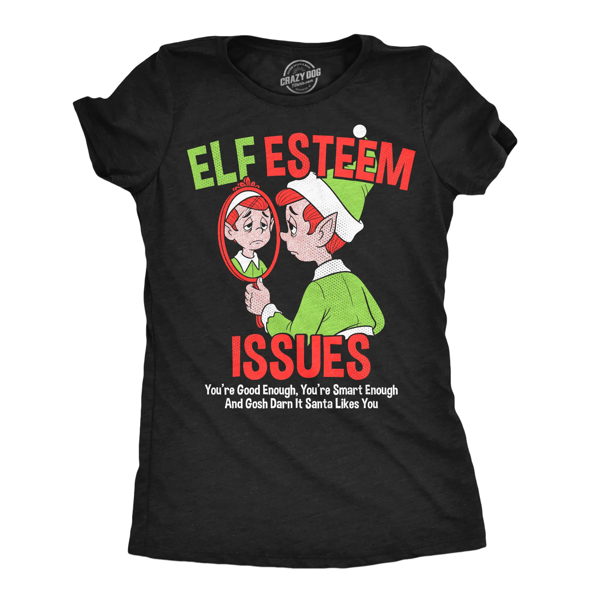 Womens Funny T Shirts Elf Esteem Issues Sarcastic Christmas Graphic Novelty Tee For Ladies Funny Womens T Shirts Cute Vintage Fashion Casual Ladies T-Shirt Gift Christmas Tops for Women Funny mental health Top Black -